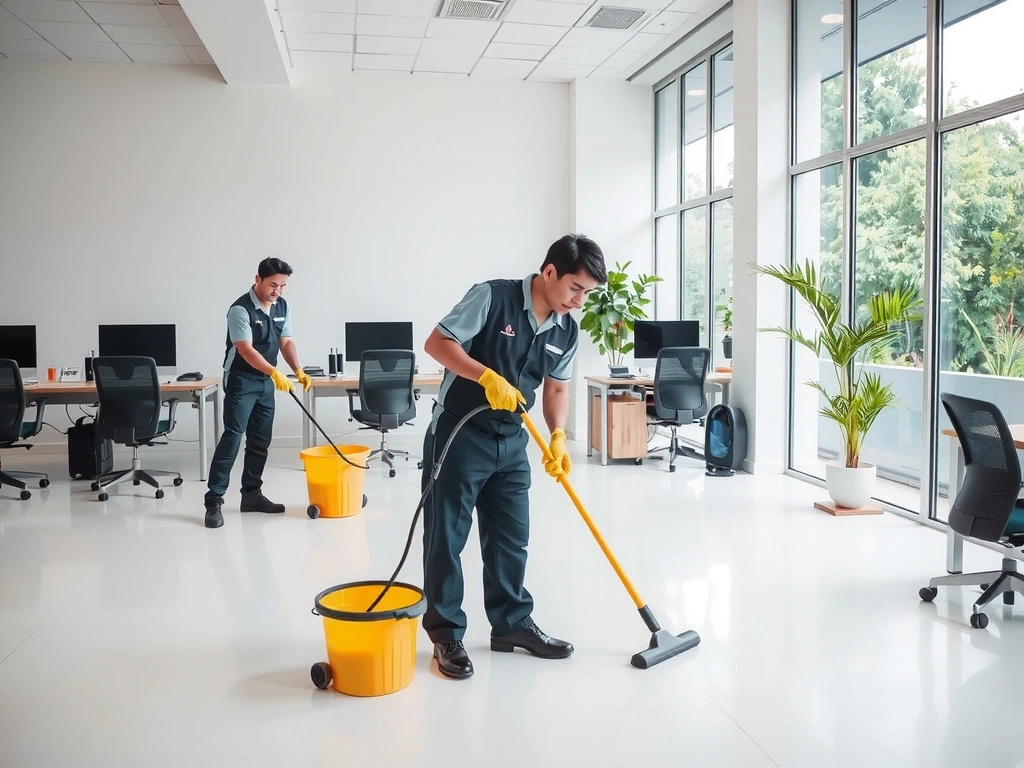 DustOffy team cleaning a modern office space